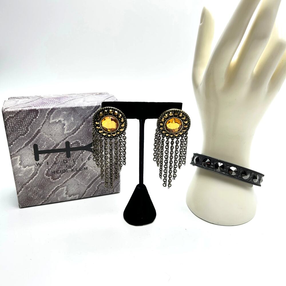 Heidi Klum Bracelet and Earrings‎ Jewelry Set Amber Gunmetal Fringe Studs